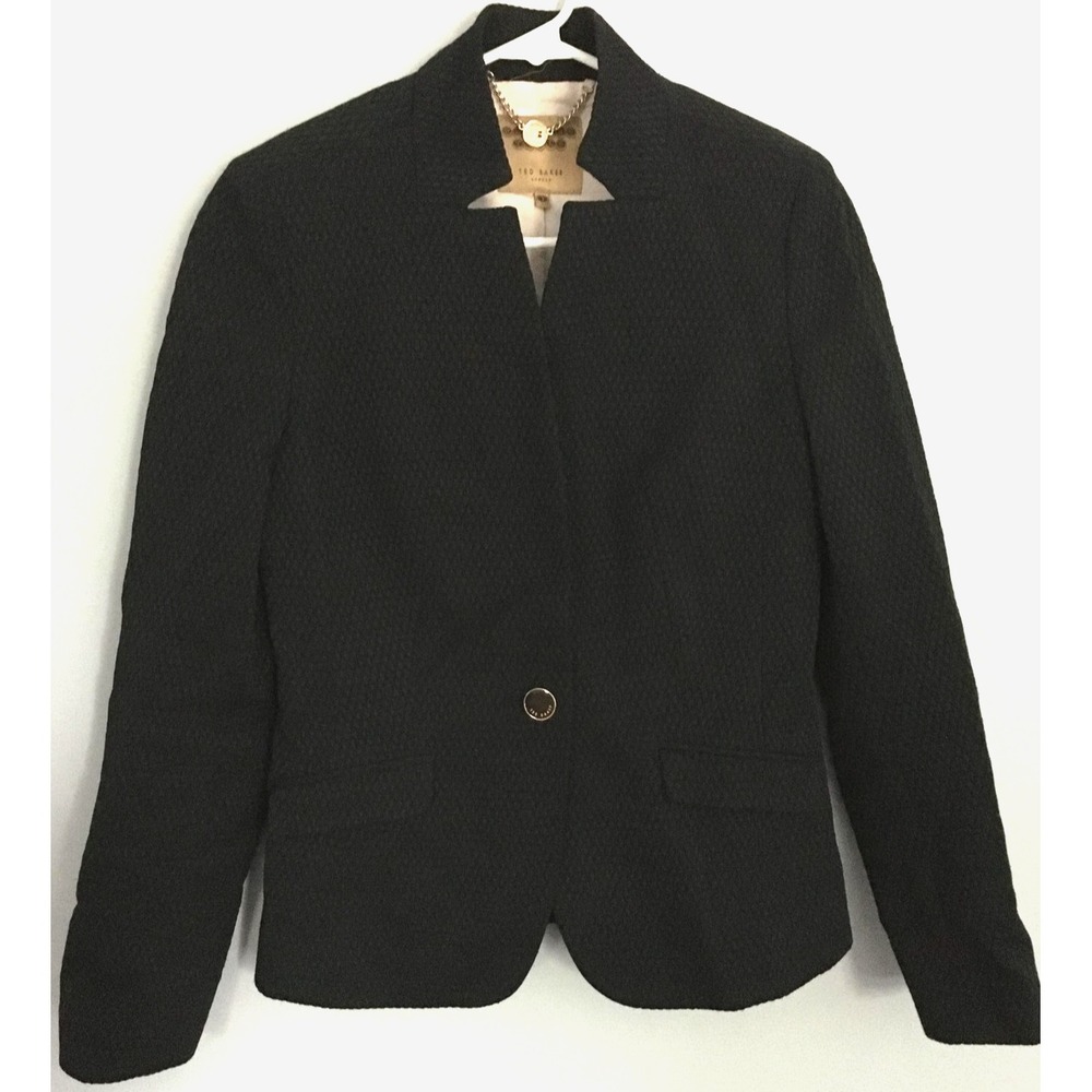 Ted Baker Blazer Women Size 1 Black Lined Working Title Textured 1 Button Jacket
